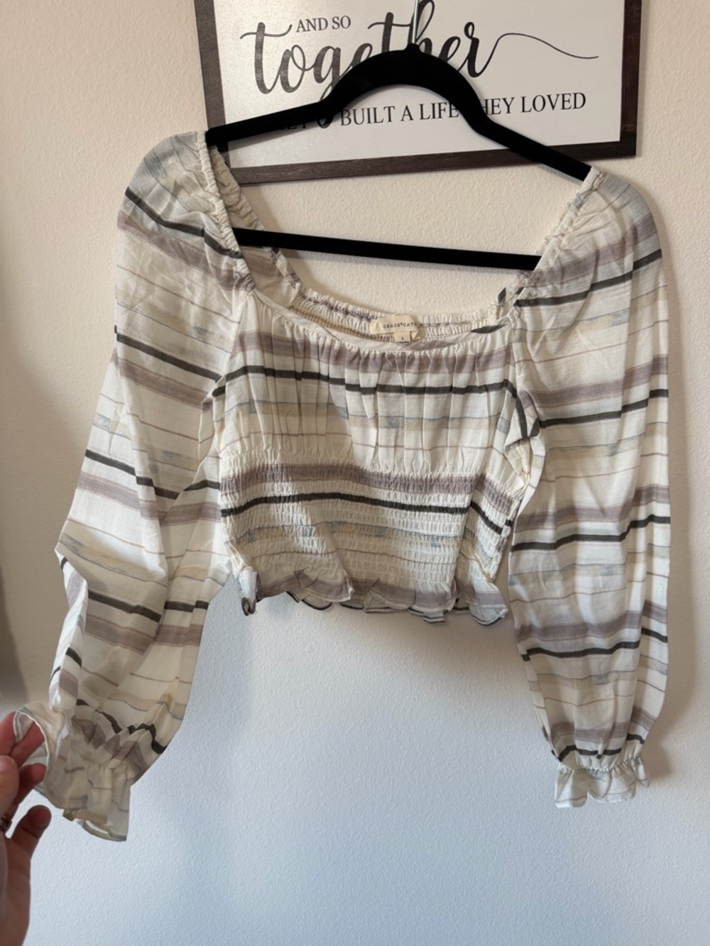 Striped Smocked Off-Shoulder Crop Top in White and Brown